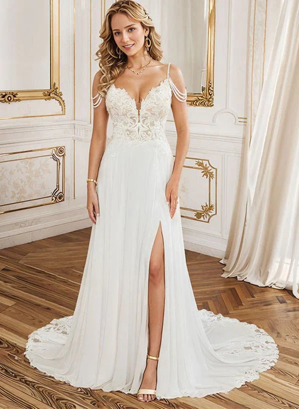 A Line V Neck Sweep Train Wedding Dress With Lace Split Front