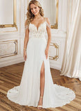A Line V Neck Sweep Train Wedding Dress With Lace Split Front