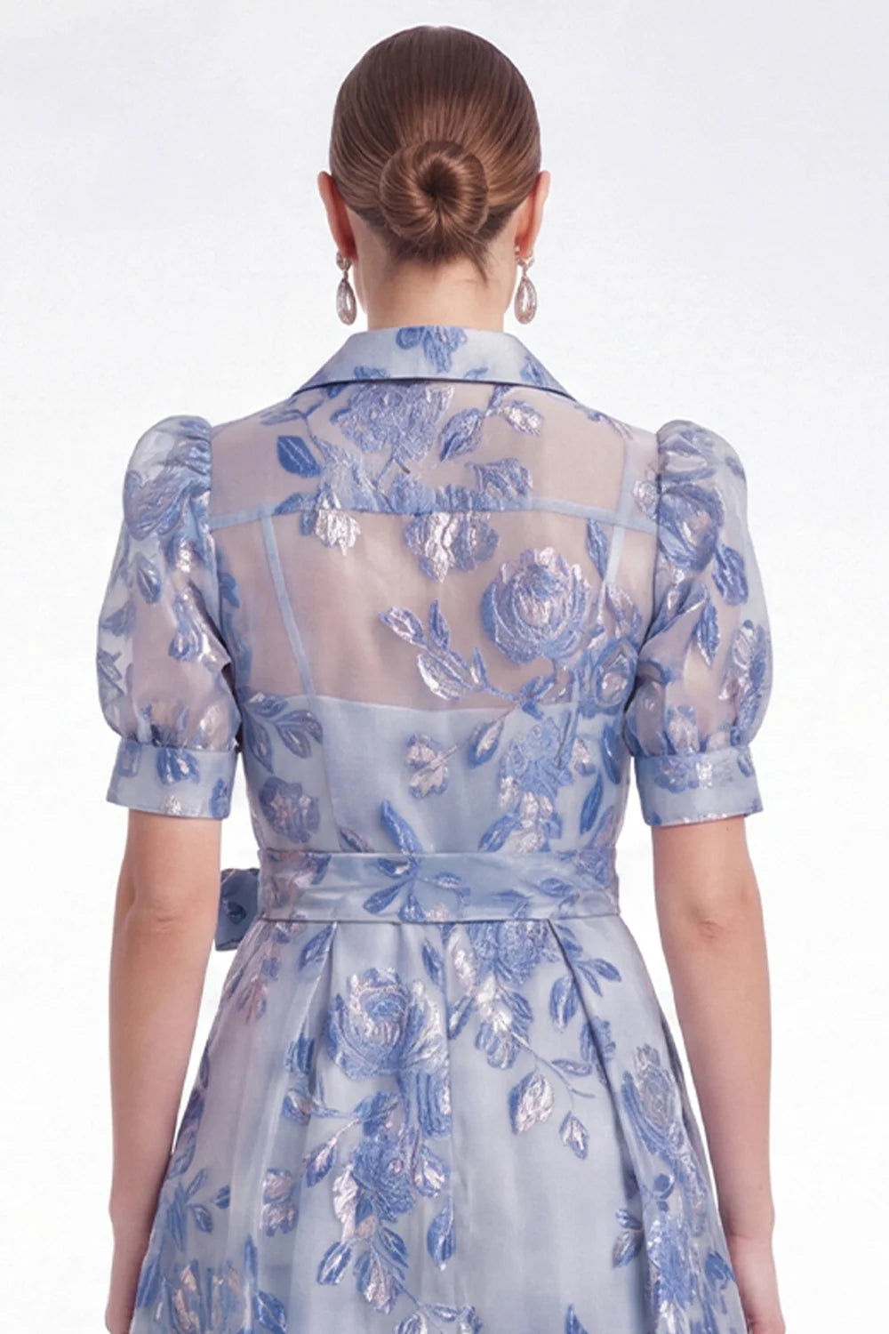 Blue A Line Collar Floral Jacquard Mother of the Bride Dress with Half Sleeves
