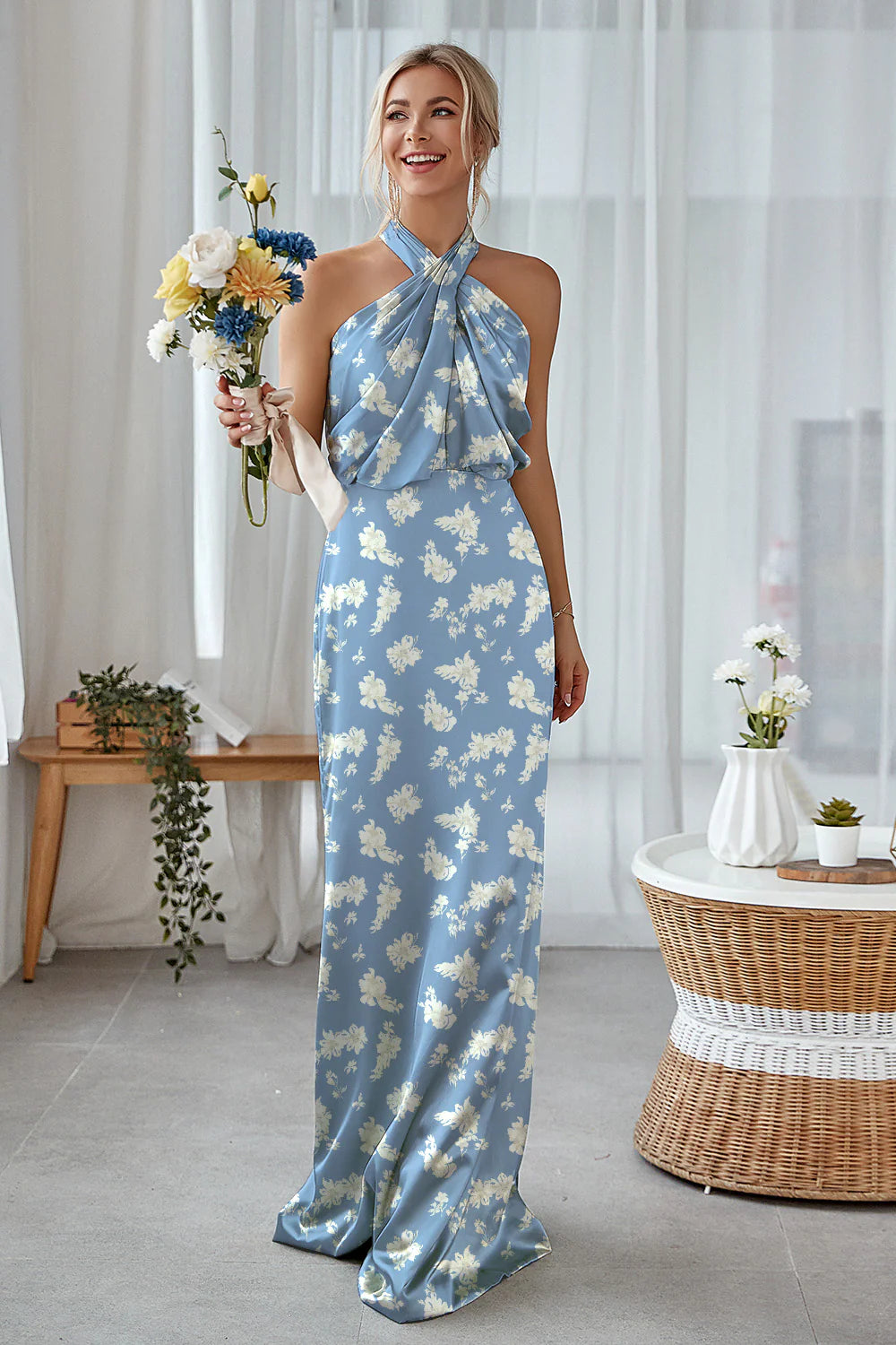 Sage White Flower Sheath Halter Ruched Satin Long Bridesmaid Dress