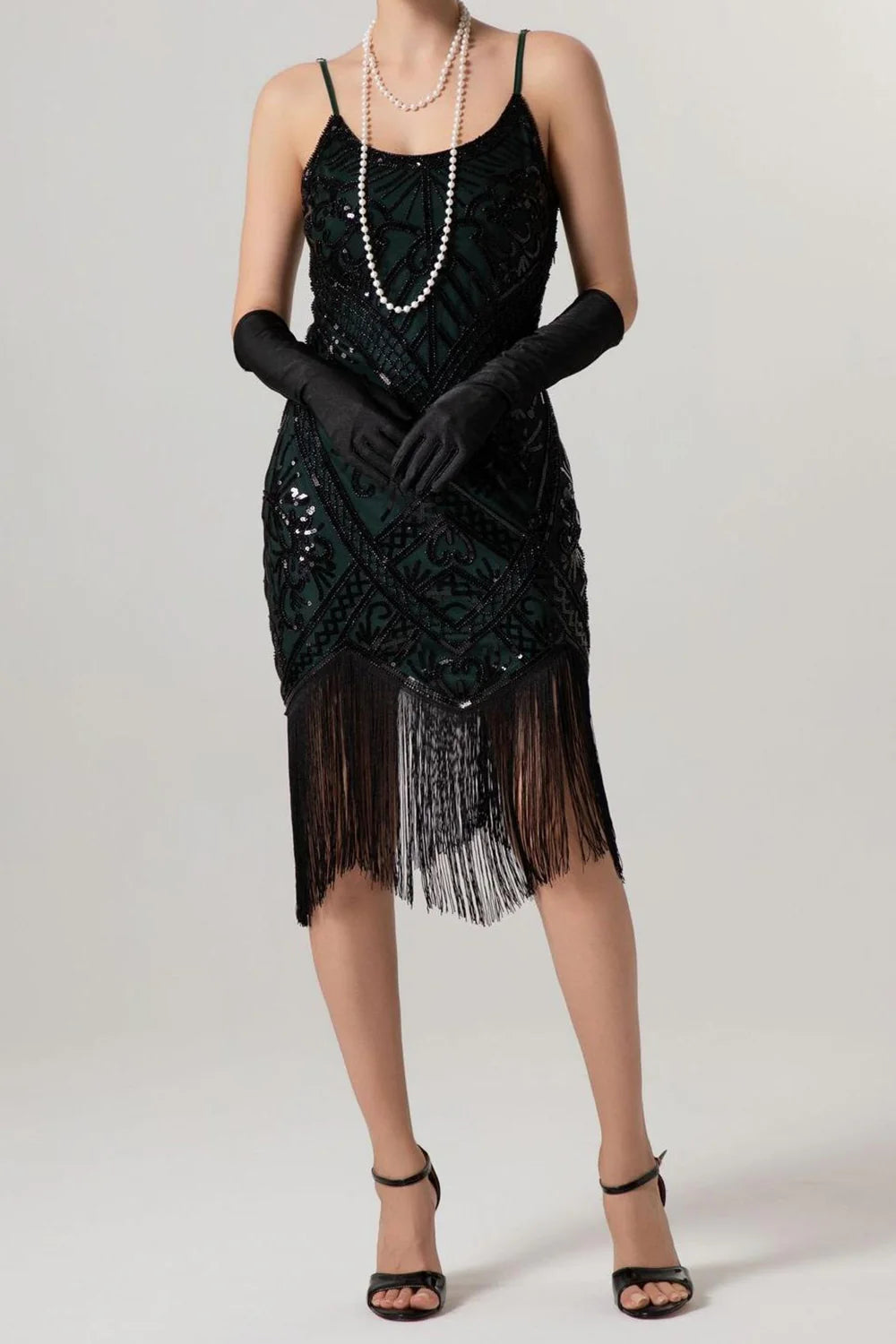 Sheath Black Golden Sequins Midi 1920s Dress with Fringes