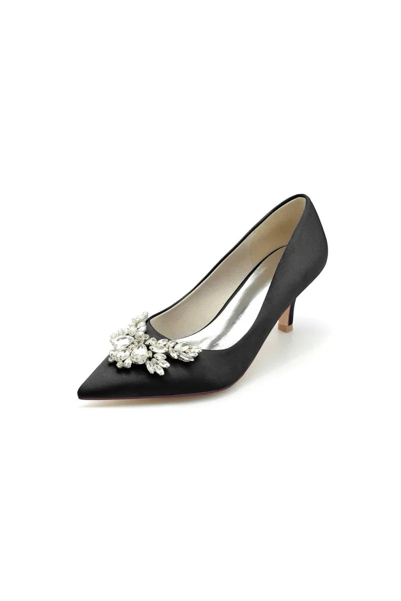 Rhinestone Pointed Toe Satin Kitten Heels