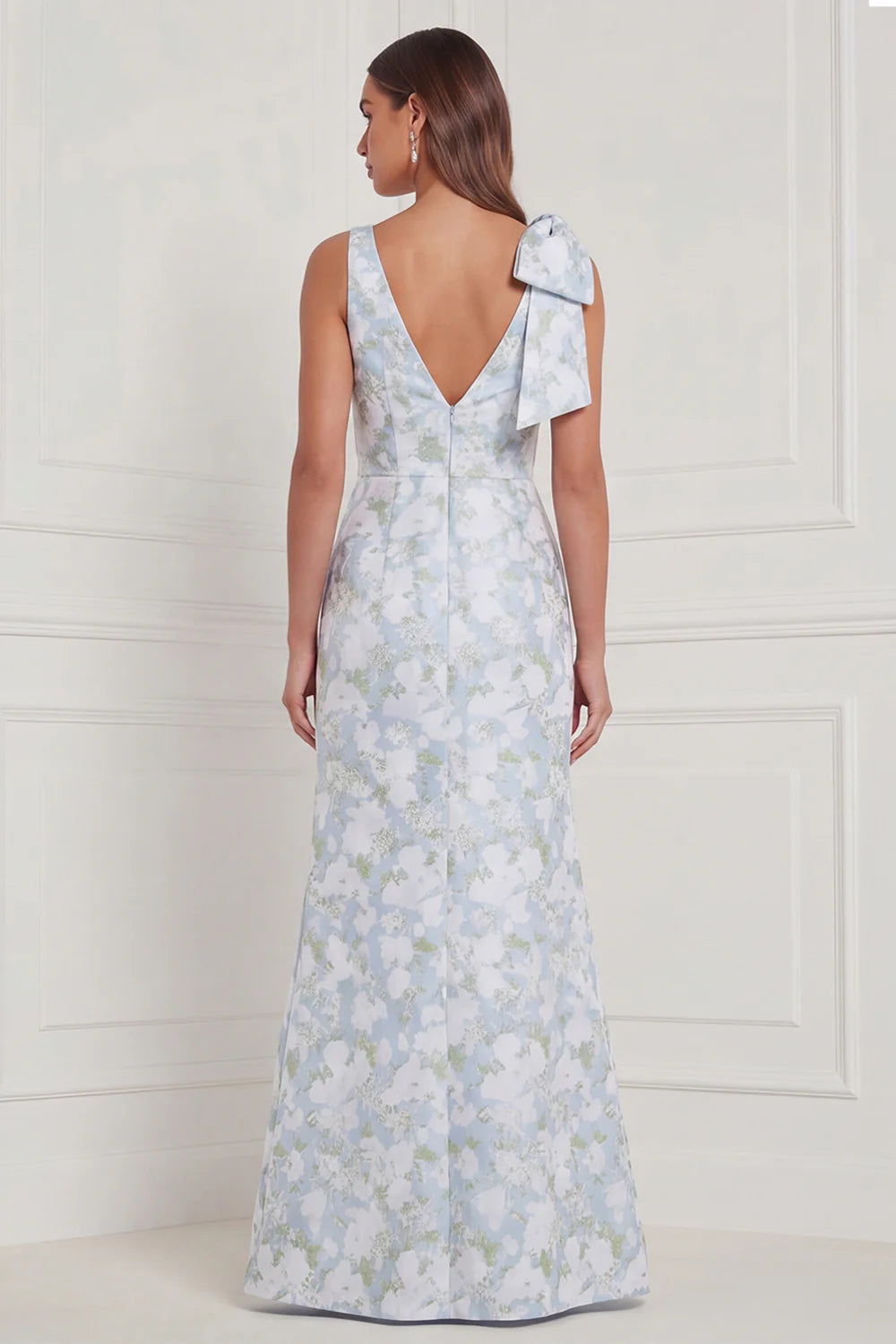 Blue White Flower V Neck Mermaid Bridesmaid Dress with Slit