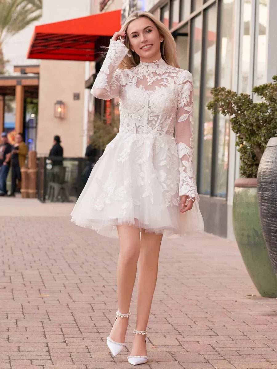 Short White A Line Illusion Neck Long Sleeves Lace Wedding Dresses