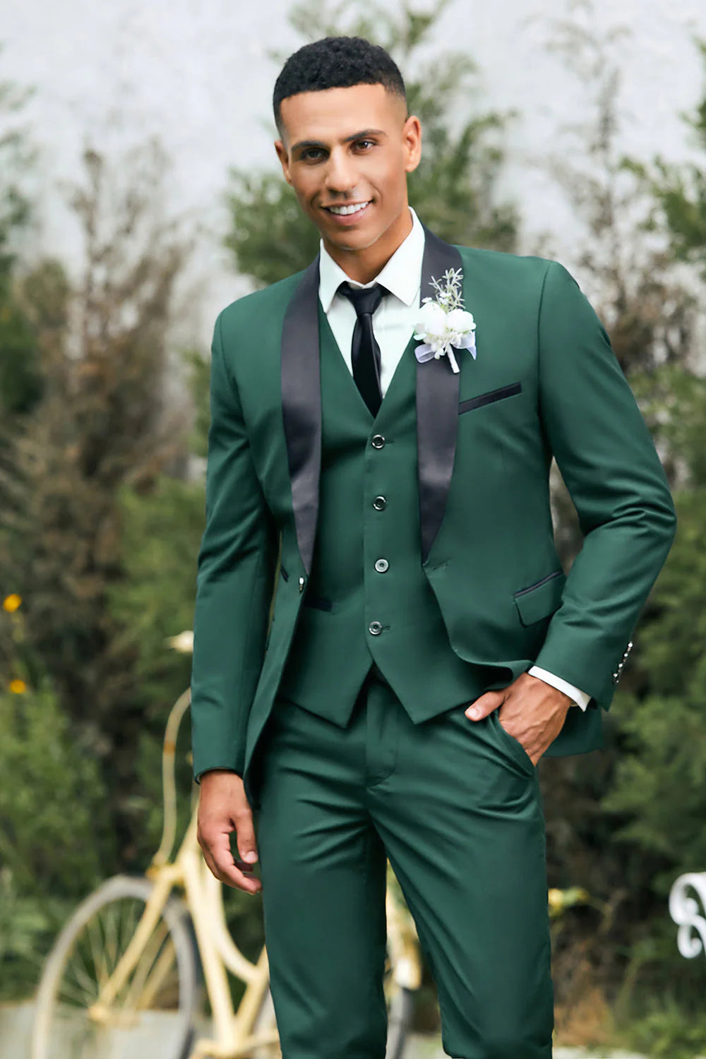 Mens Dark Green Shawl Lapel 3 Pieces Slim Fit Wedding Suits