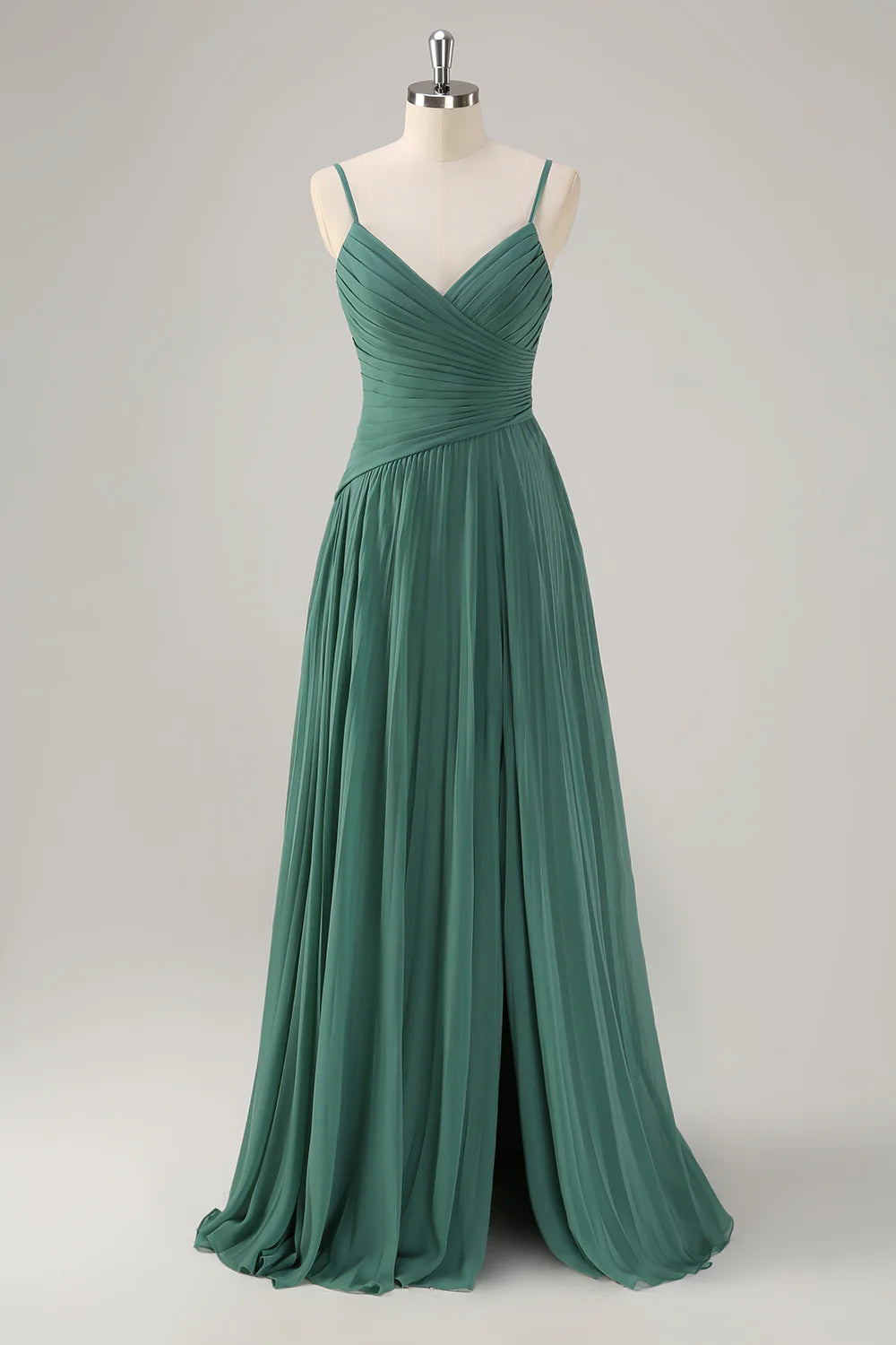 A Line Spaghetti Straps Pleated Chiffon Long Bridesmaid Dress with Slit
