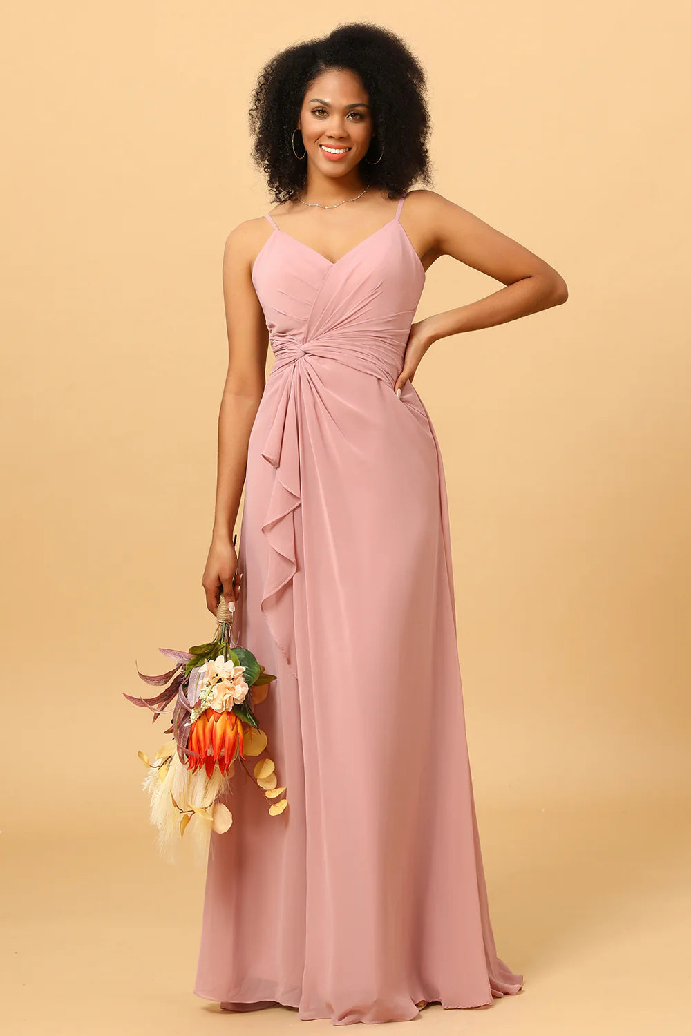 Blush A Line V Neck Chiffon Ruffled Long Bridesmaid Dress with Slit
