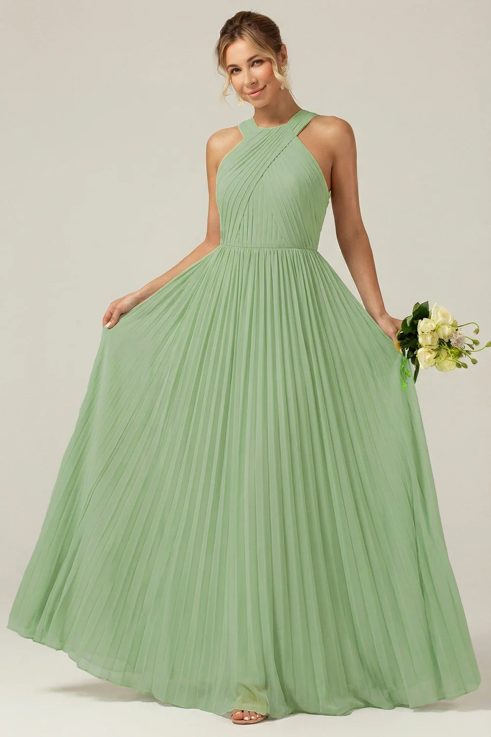 Dusty Sage A Line Halter Pleated Long Bridesmaid Dress
