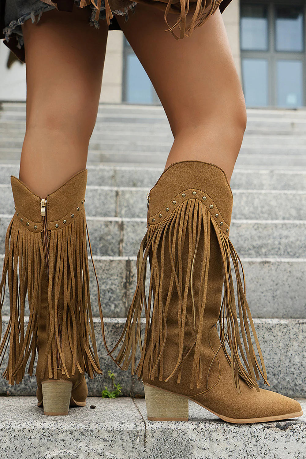 Black Fringe Studded Mid Calf Cowboy Boots