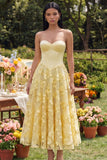 Yellow Sweetheart Floral Corset Wedding Guest Dress