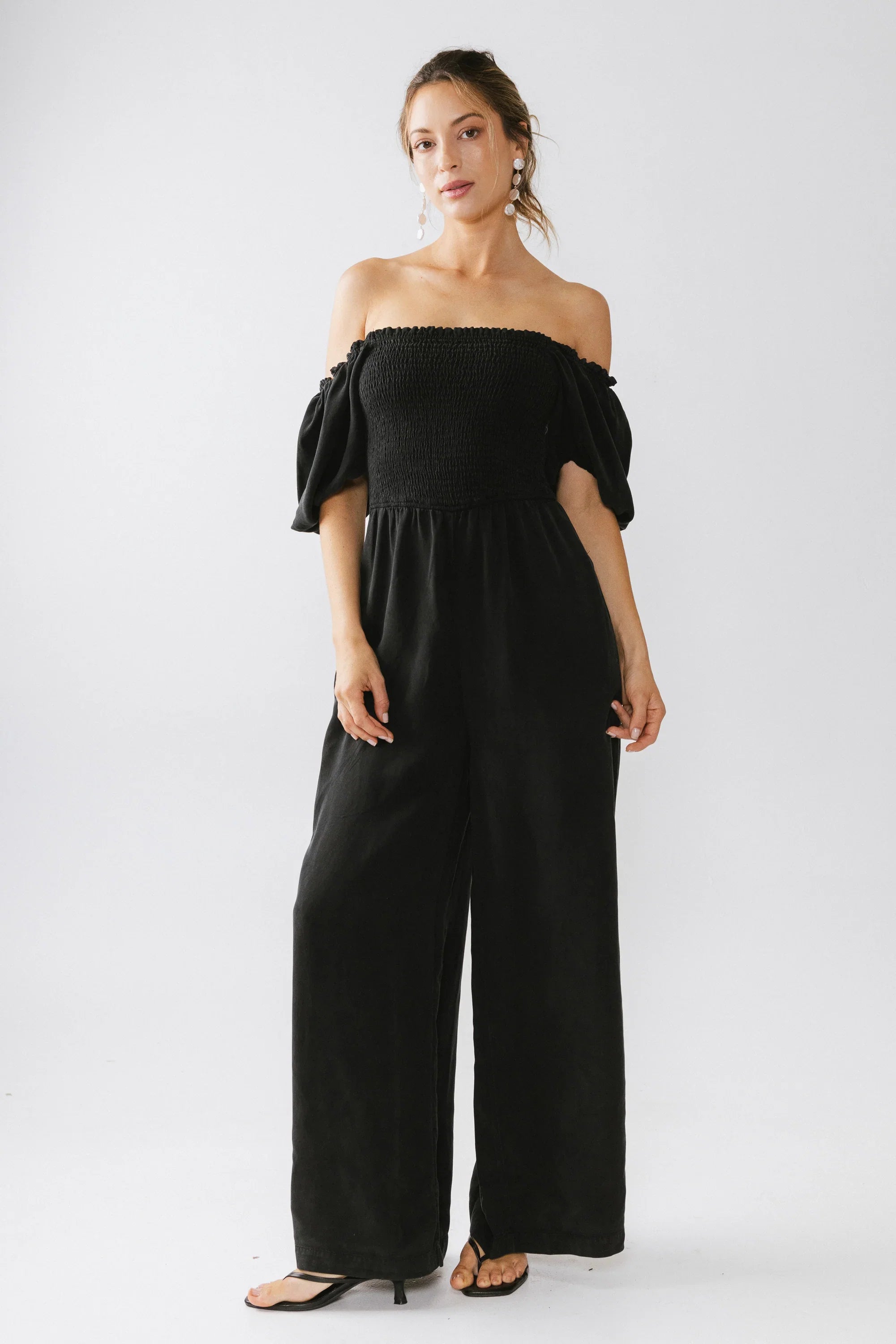 Piper Smocked Jumpsuit in Washed Black