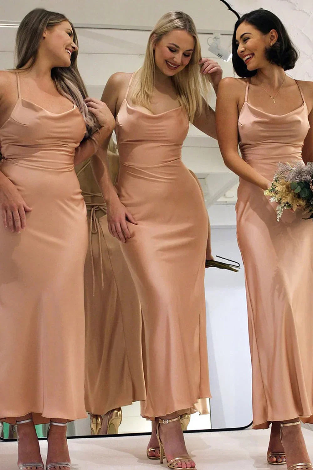 Dusty Rose Satin Sheath Lace Up Back Bridesmaid Dress