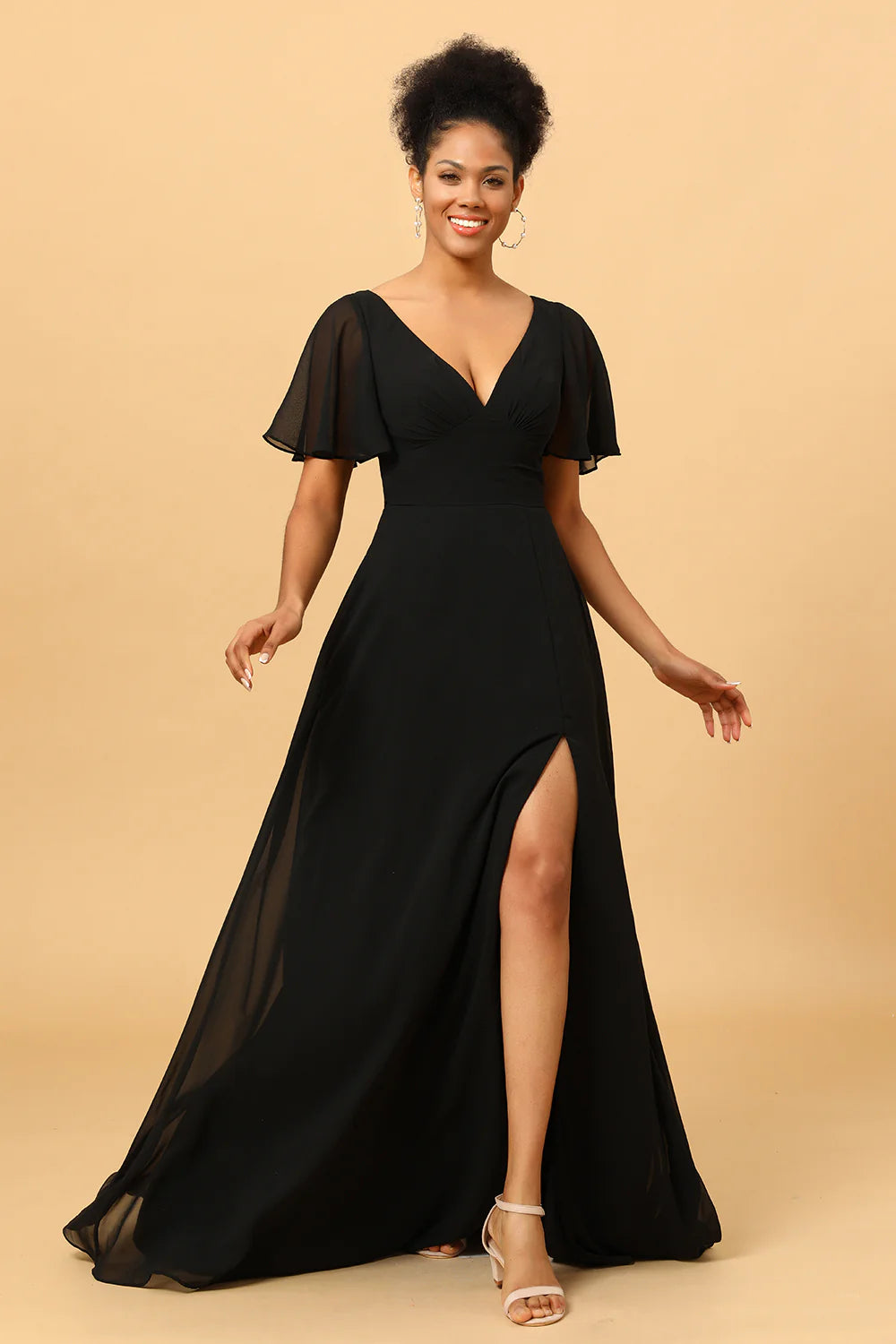 Black A Line V Neck Long Chiffon Floor Length Dress with Slit
