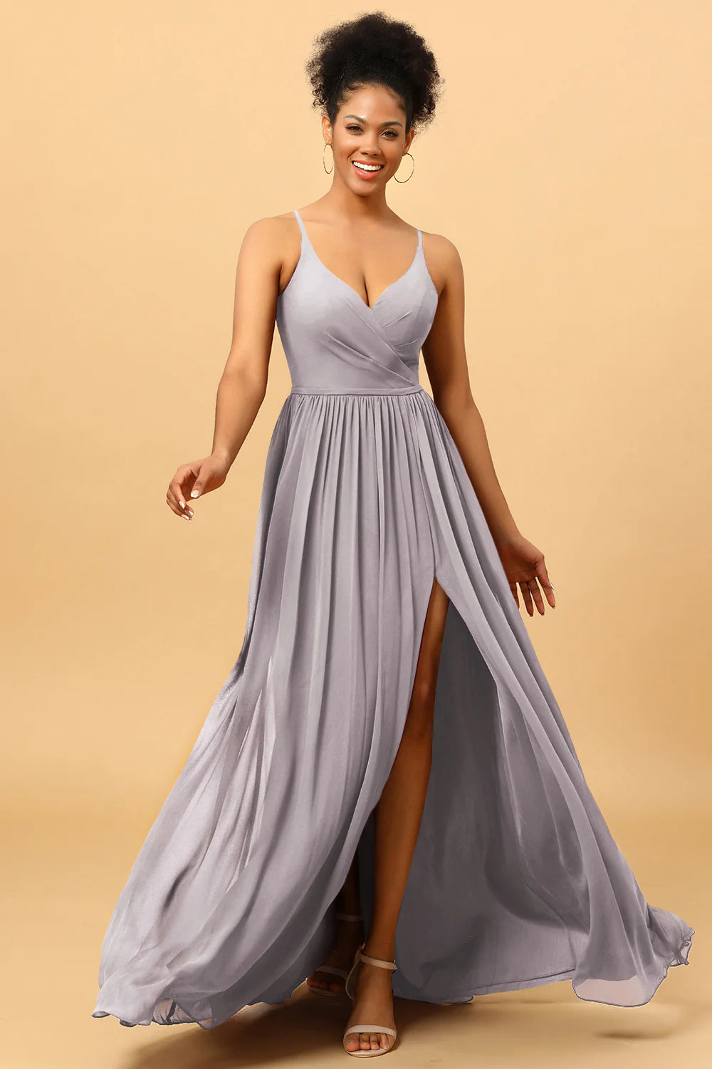 A Line Spaghetti Straps Ruched Long Chiffon Bridesmaid Dress with Slit