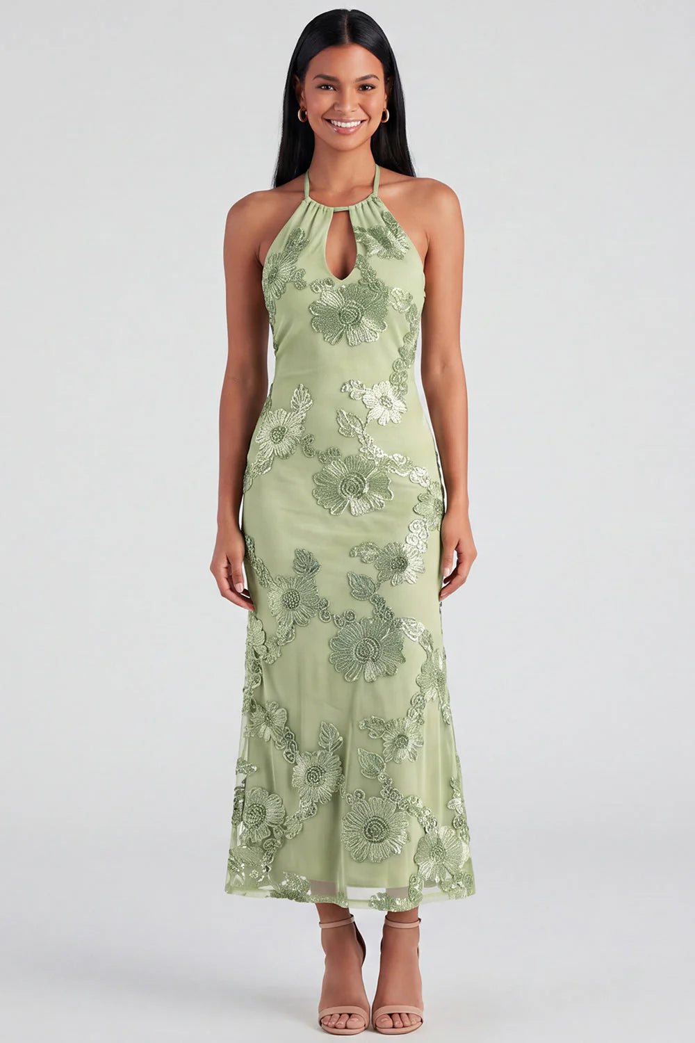 Halter Yellow Keyhole Mermaid Wedding Guest Dress with Appliques