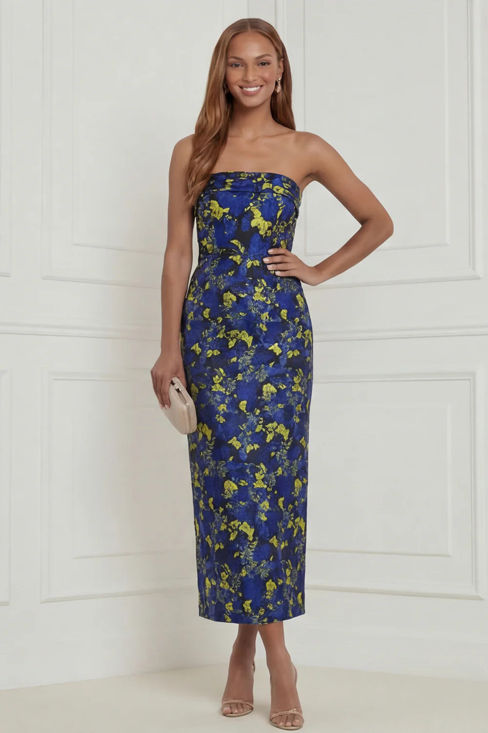 Strapless Fuchsia Sheath Floral Midi Wedding Guest Dress with Bow