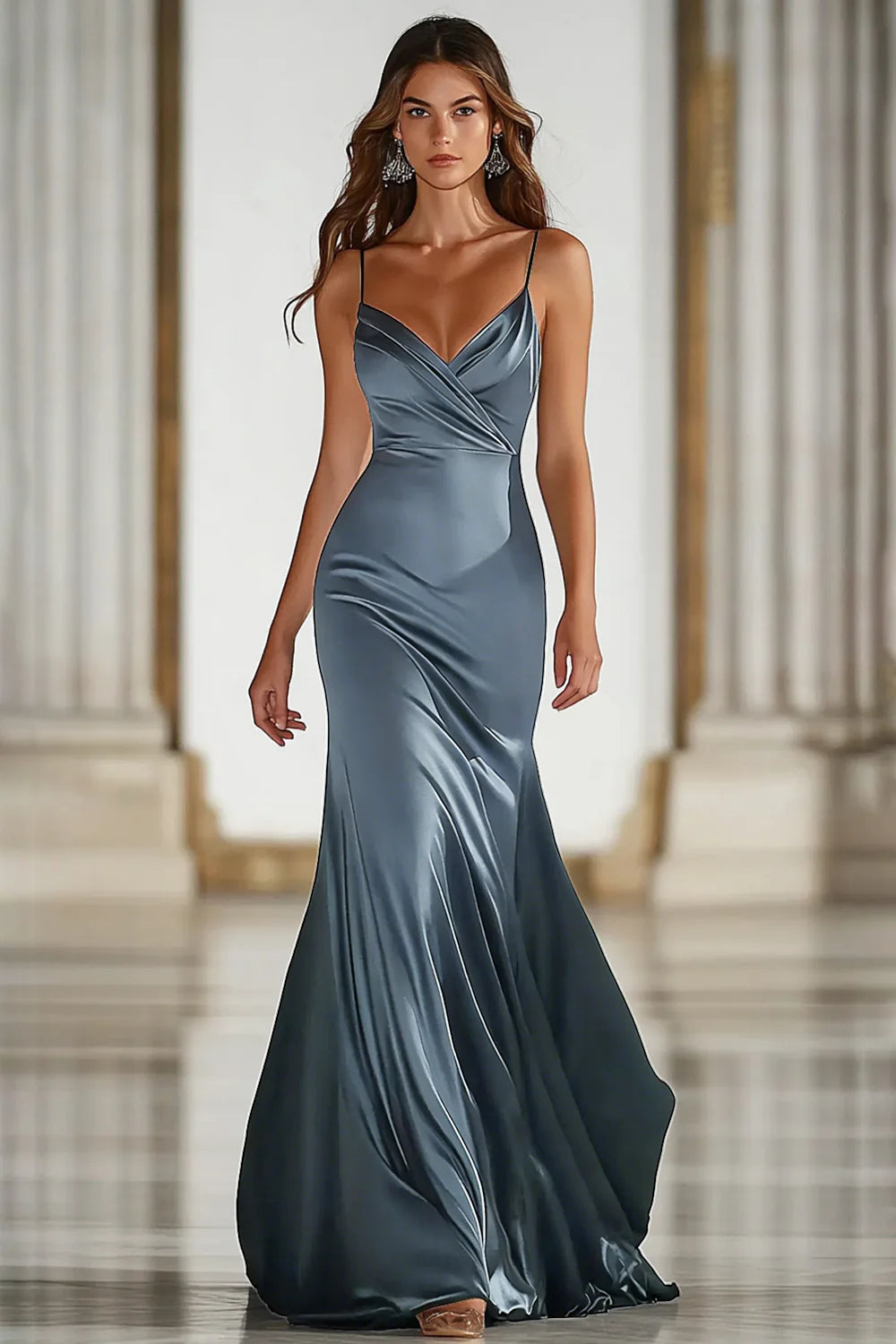 Dark Green Mermaid Spaghetti Straps Satin Long Gala Dress