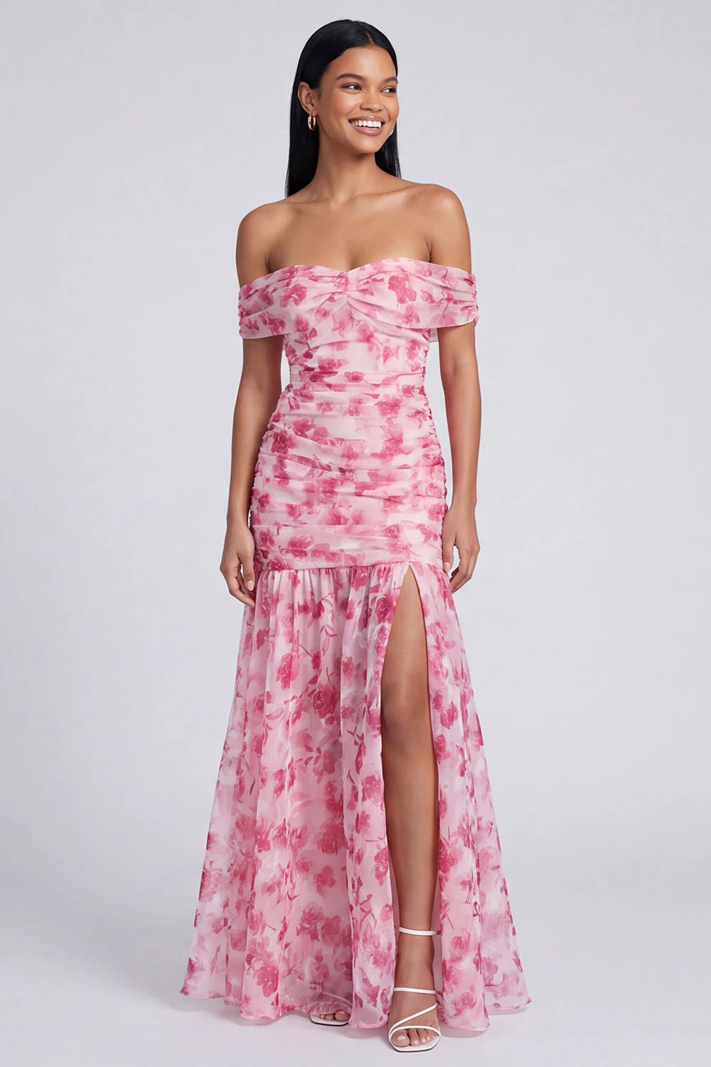 Off the Shoulder Ruched Light Blue Floral Maxi Dress with Slit