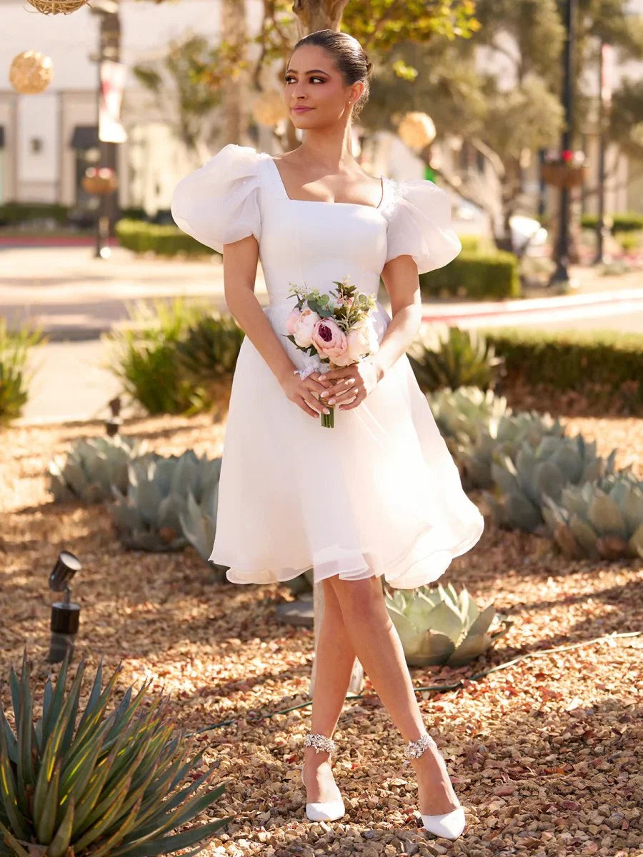 A Line Square Neck Short Wedding Dress With Puffy Pearls Sleeves