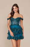 BRENNA MINI DRESS TEAL OFF SHOULDER TIERED SHORT DRESS