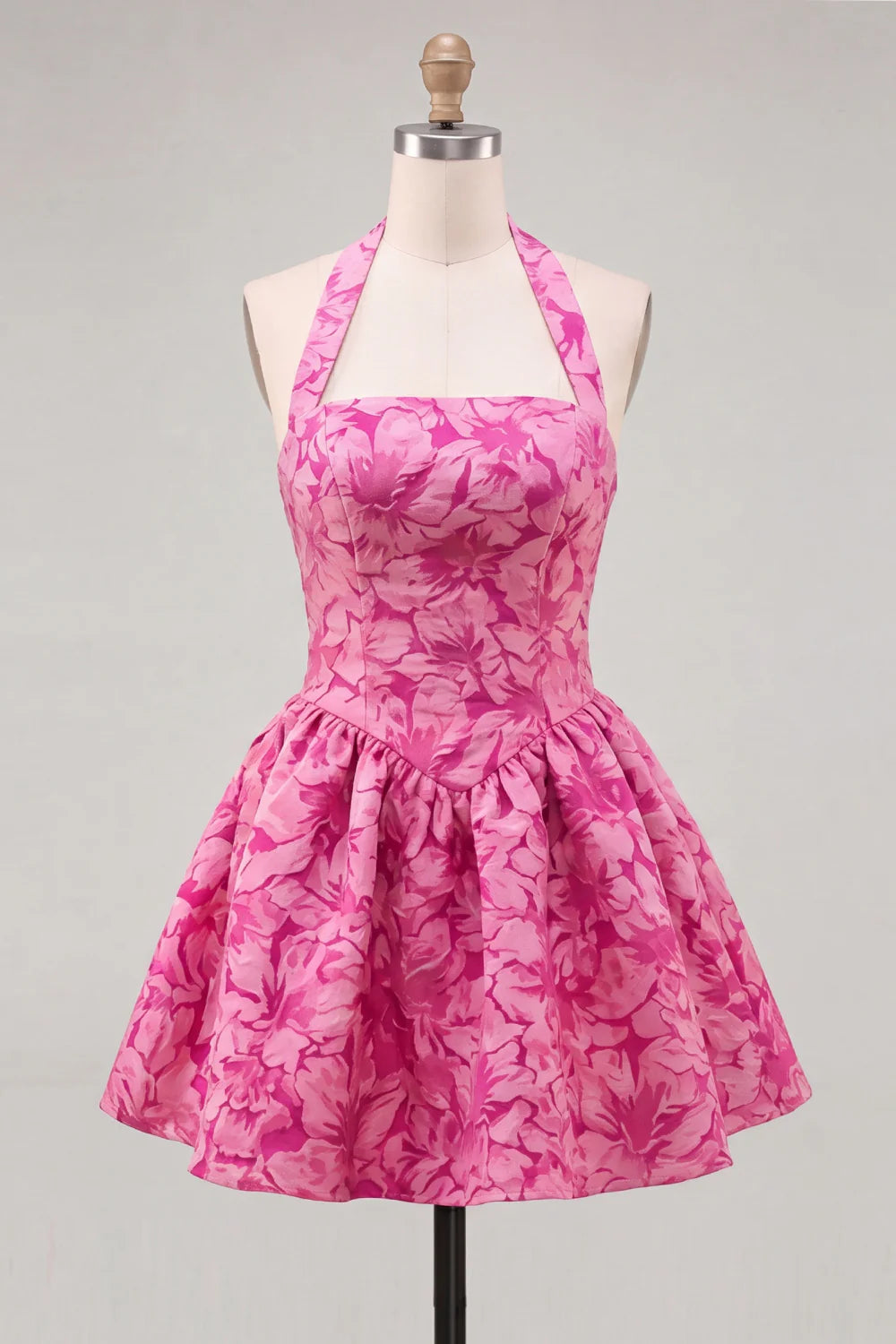 Halter Yellow Jacquard A Line Short Homecoming Dress