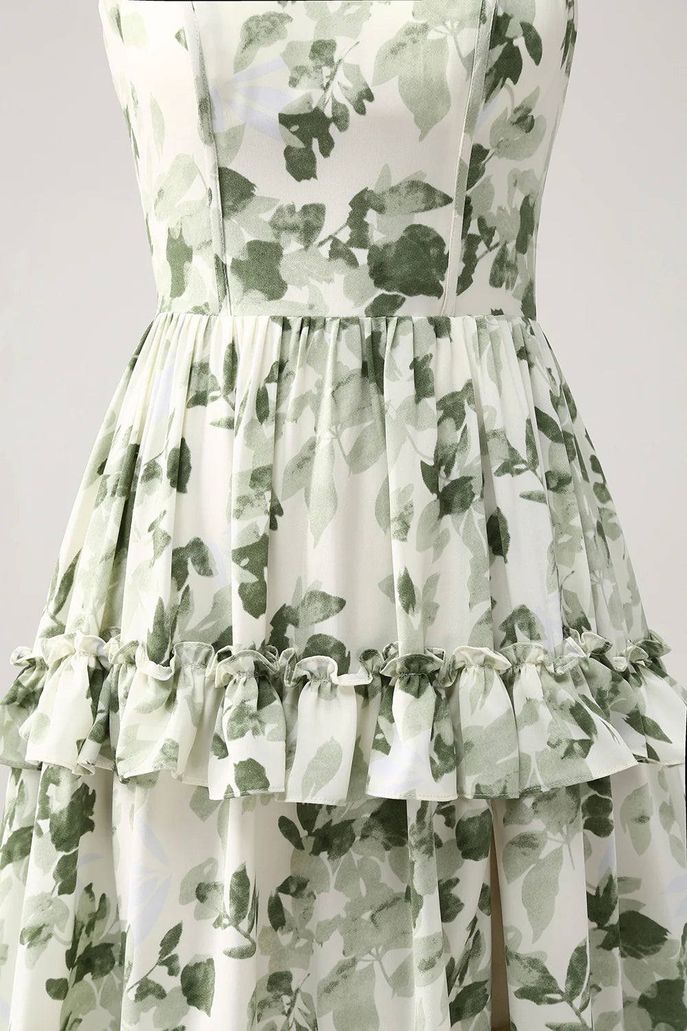 A Line Spaghetti Straps Printed Tiered Long Green Bridesmaid Dress With Slit