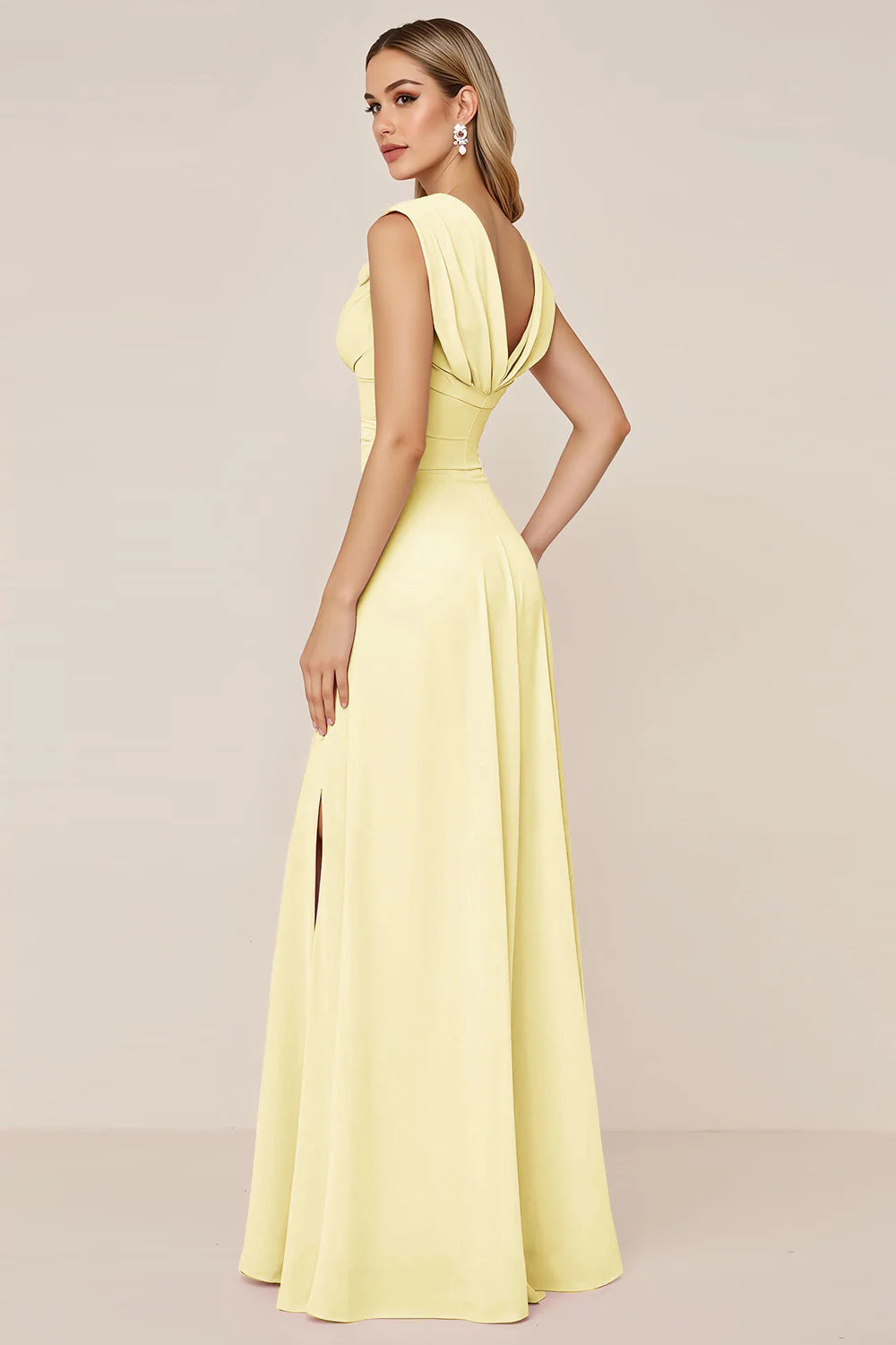 Candy Pink A Line Cowl Neck Long Bridesmaid Dress with Slit