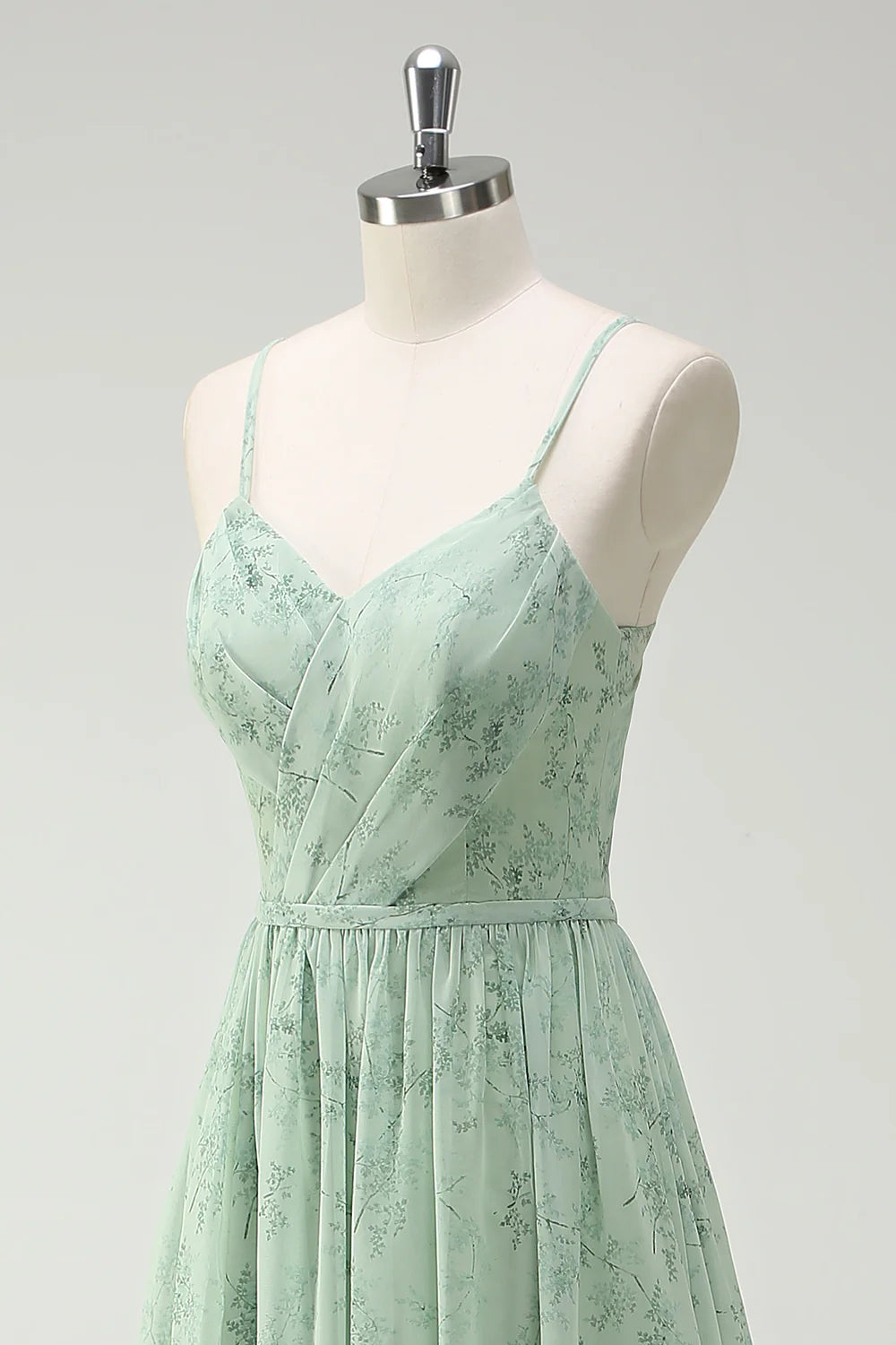 Dusty Sage A Line Spaghetti Straps Print Floral Long Bridesmaid Dress with Slit