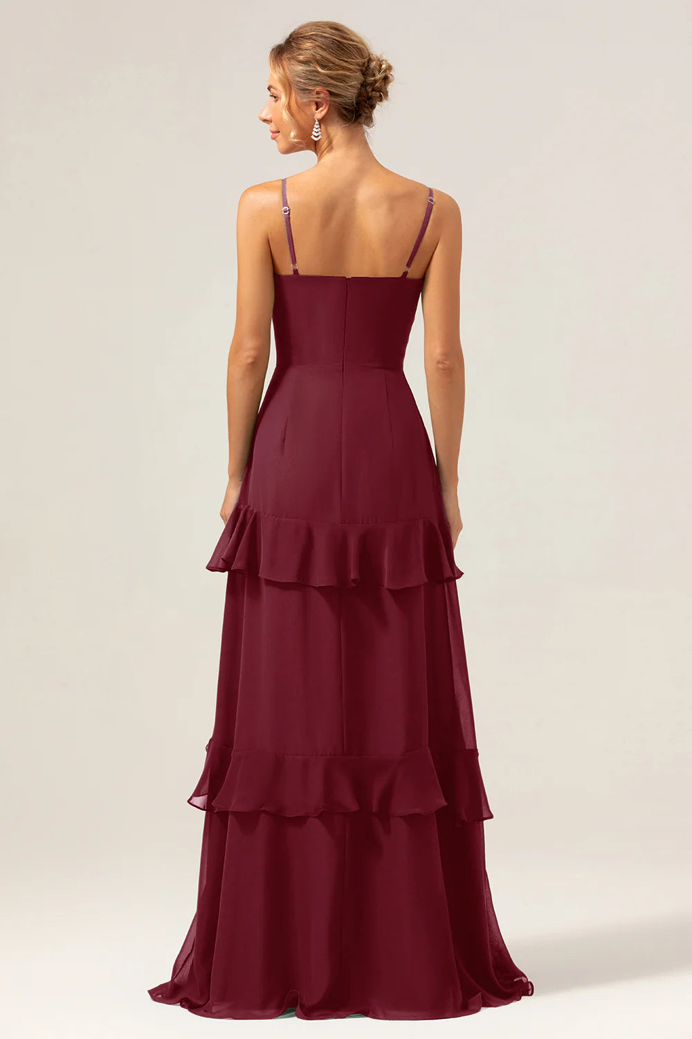 Dark Green A Line V Neck Ruffled Chiffon Tiered Long Bridesmaid Dress with Slit