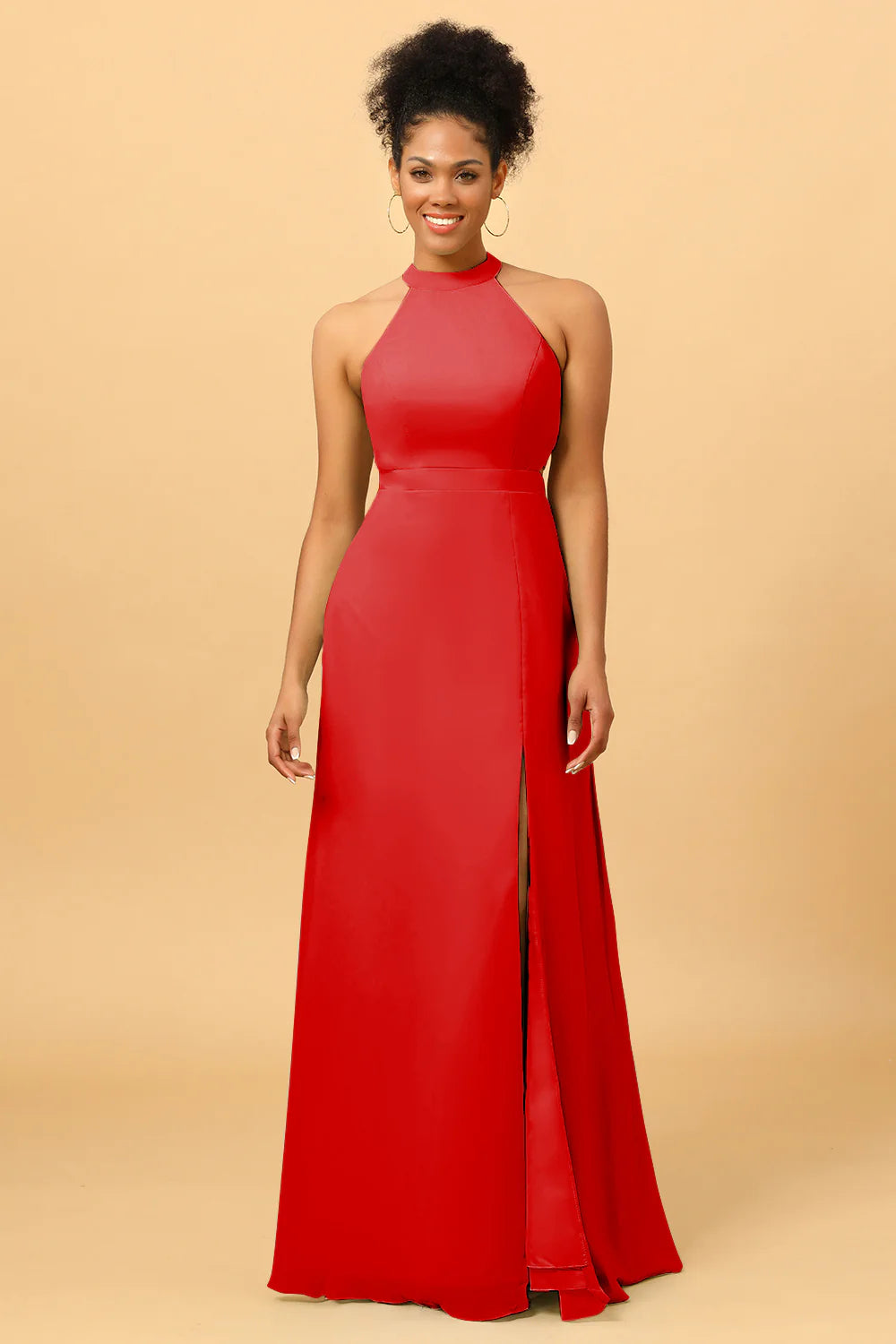 Sheath Halter Floor Length Open Back Chiffon Bridesmaid Dress with Slit