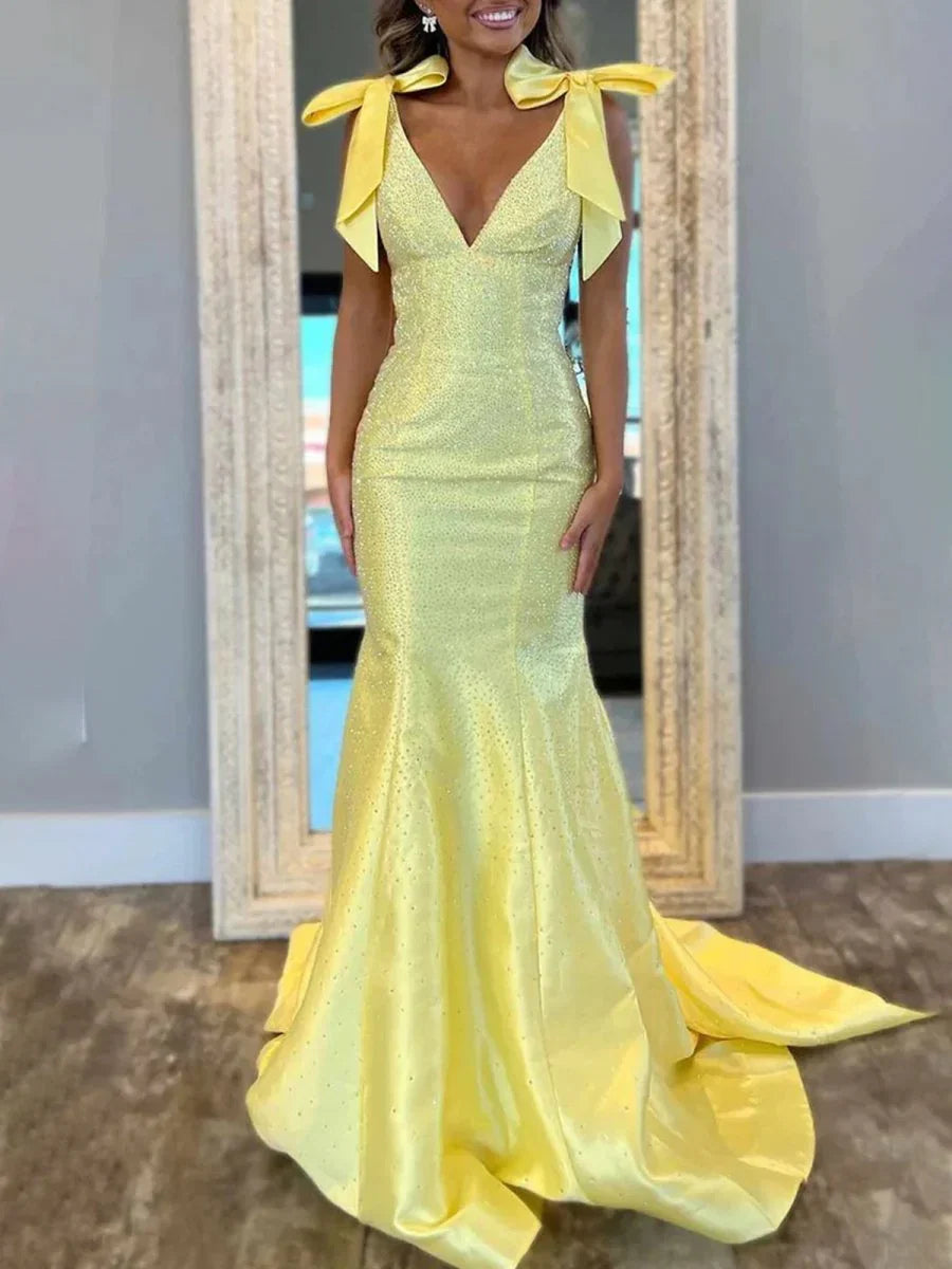Sky Blue V Neck Mermaid Satin Long Prom Dress With Bow