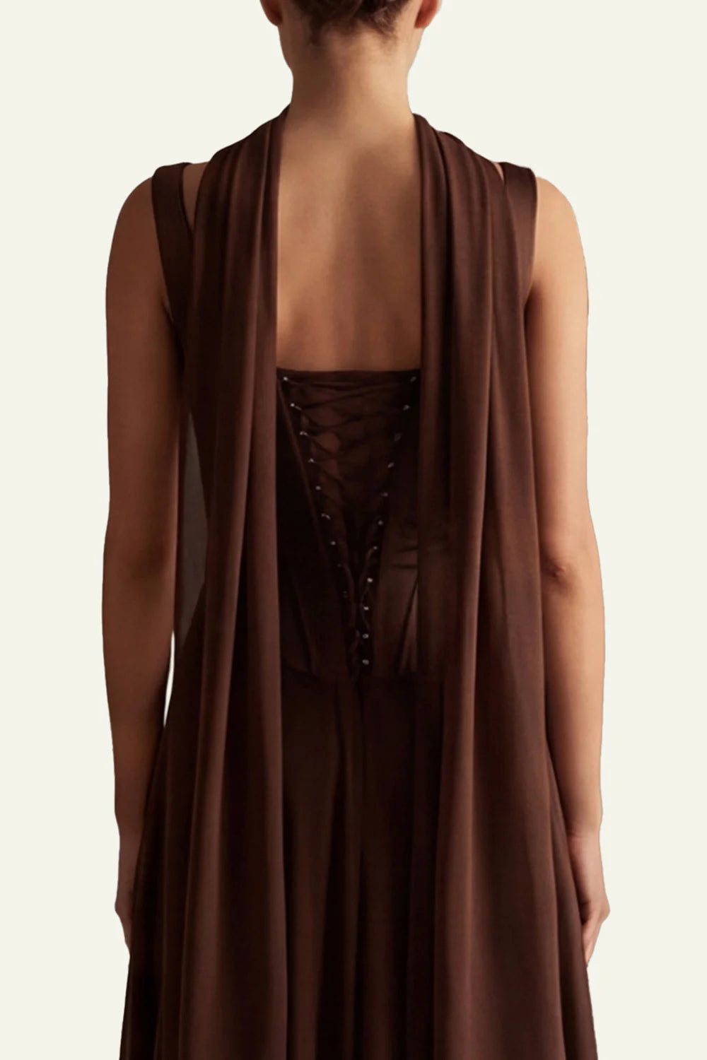 Coffee A Line Corset Satin Long Bridesmaid Dress with Streamer