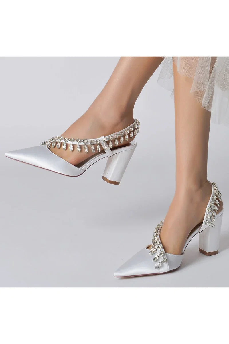 Pointed Toe Beaded Slip on Satin Chunky Heels