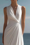 White A Line V Neck Ruched Engagement Dress