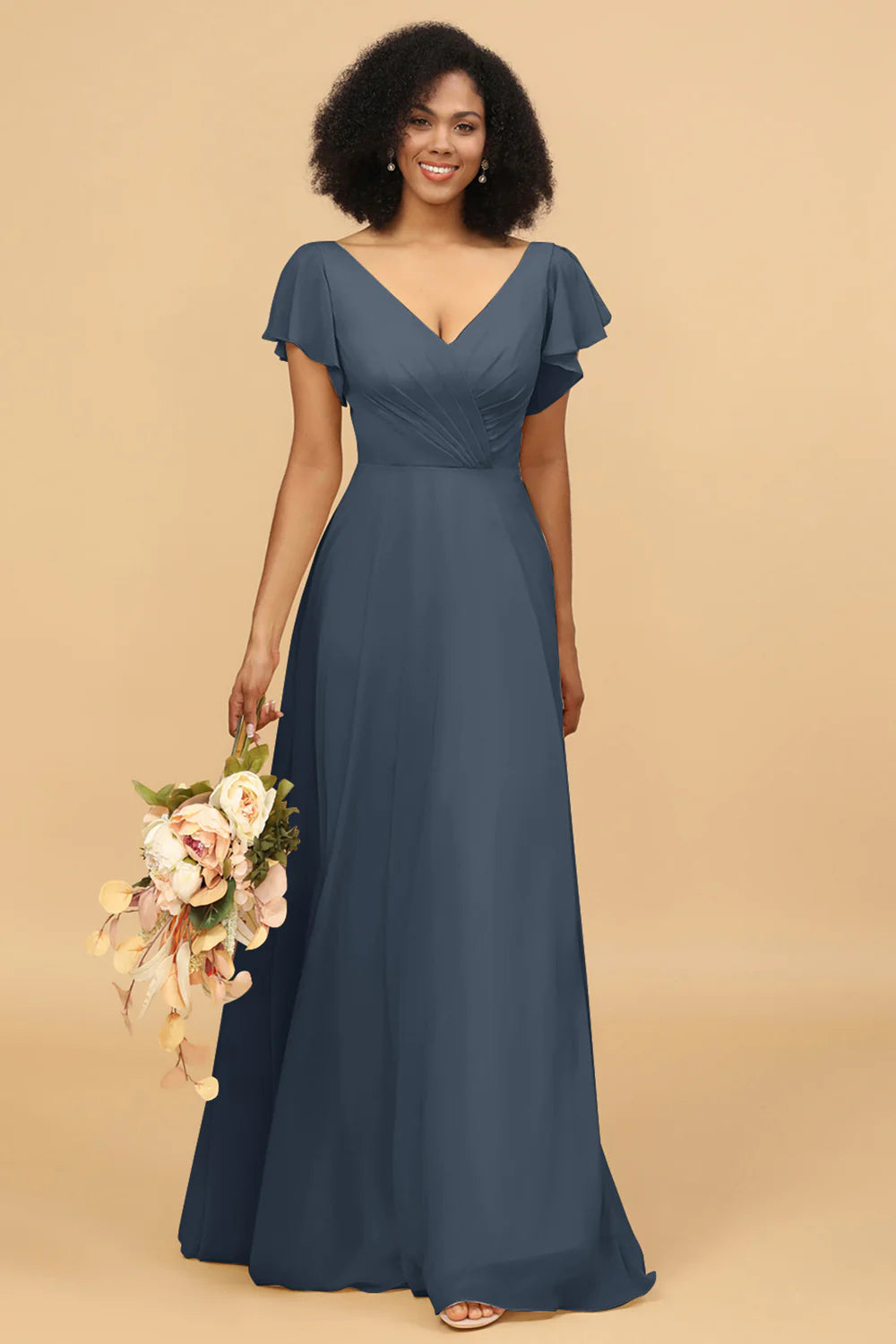 V Neck Cape Long Floor Length Chiffon Bridesmaid Dress