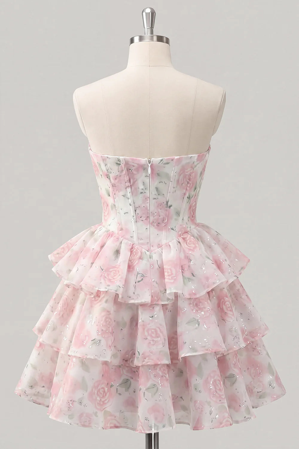 Strapless Floral A Line Sequin Corset Pink Homecoming Dress
