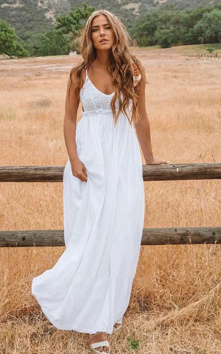 A Line Spaghetti Chiffon Lace Floor length Sleeveless Wedding Dress