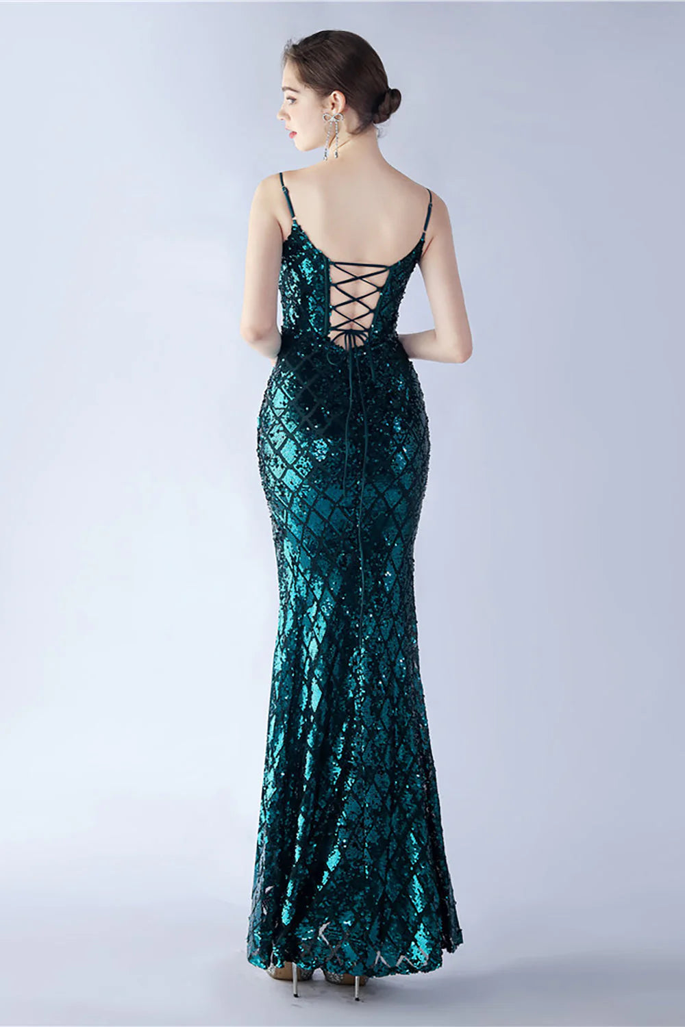 Burgundy Sheath Spaghetti Straps V neck Sequin Formal Dress with Slit