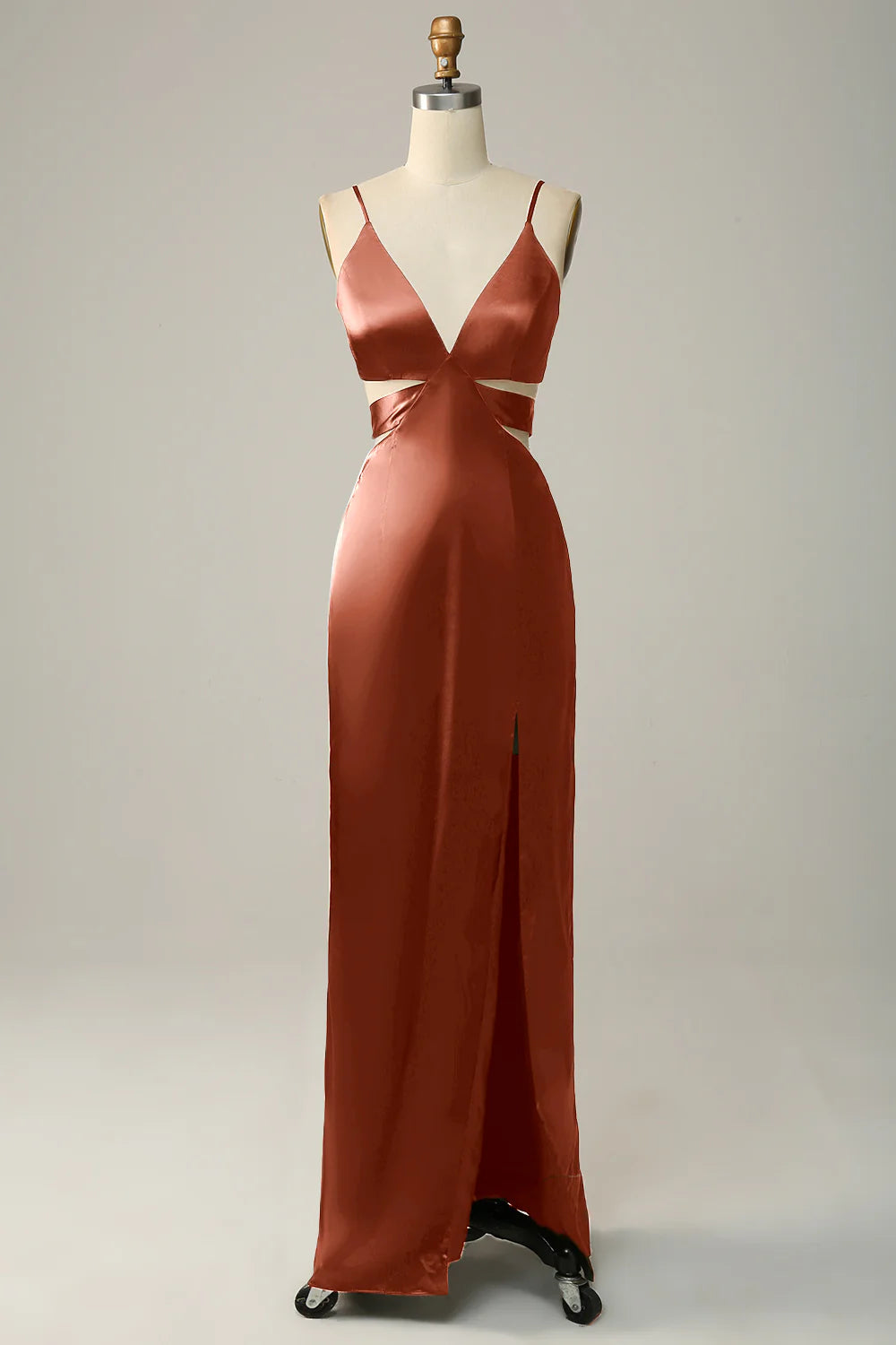 Dark Green Sheath Spaghetti Straps Cut Out Satin Long Bridesmaid Dress