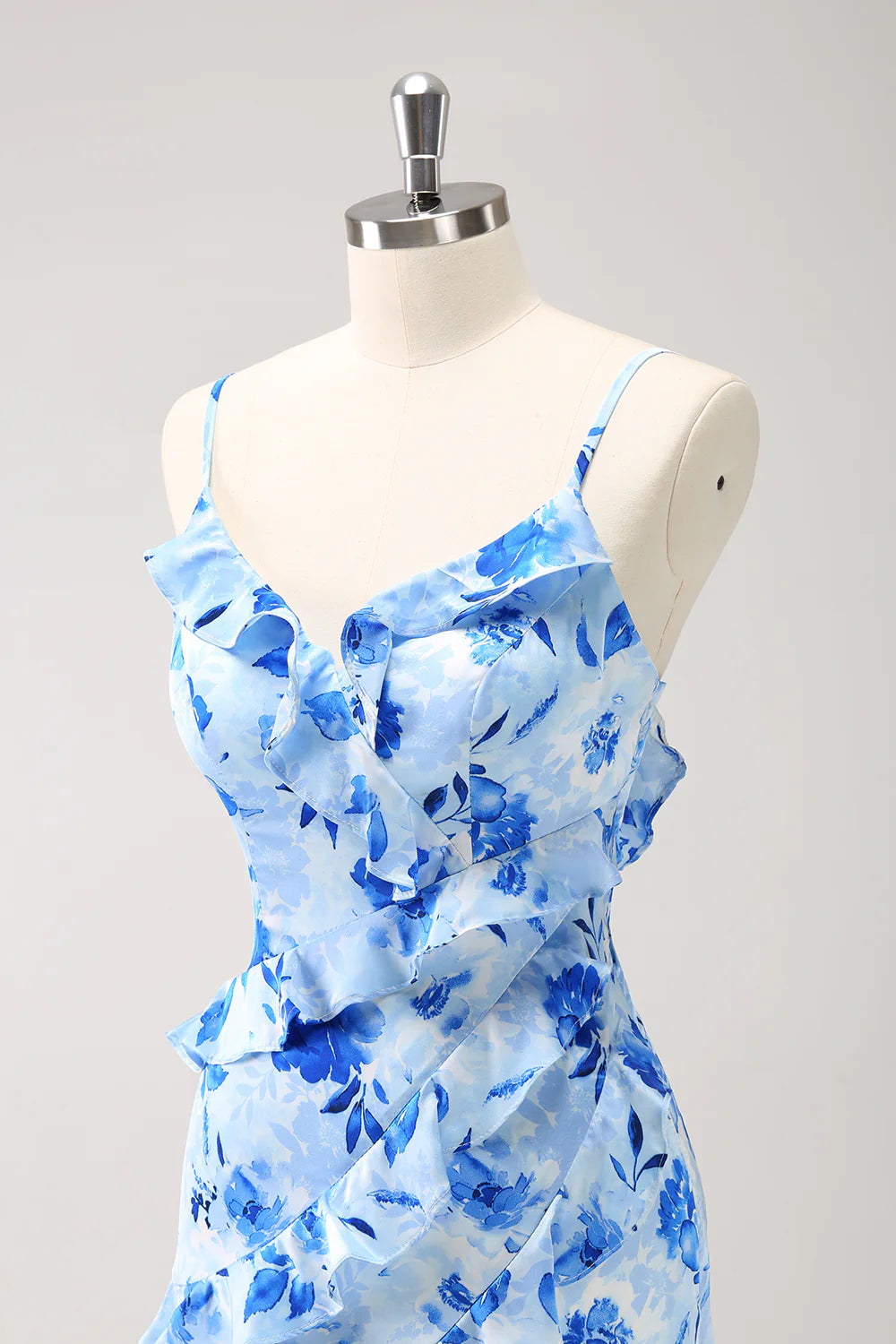 Blue Mermaid Spaghetti Straps Ruched Print Ruffle Bridesmaid Dress with Slit