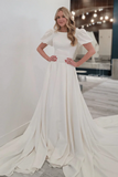 Ivory A line Puff Sleeves Satin Sweeping Long Wedding Dress