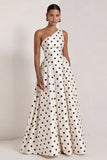 One Shoulder White Black Polka Dot A Line Formal Dress