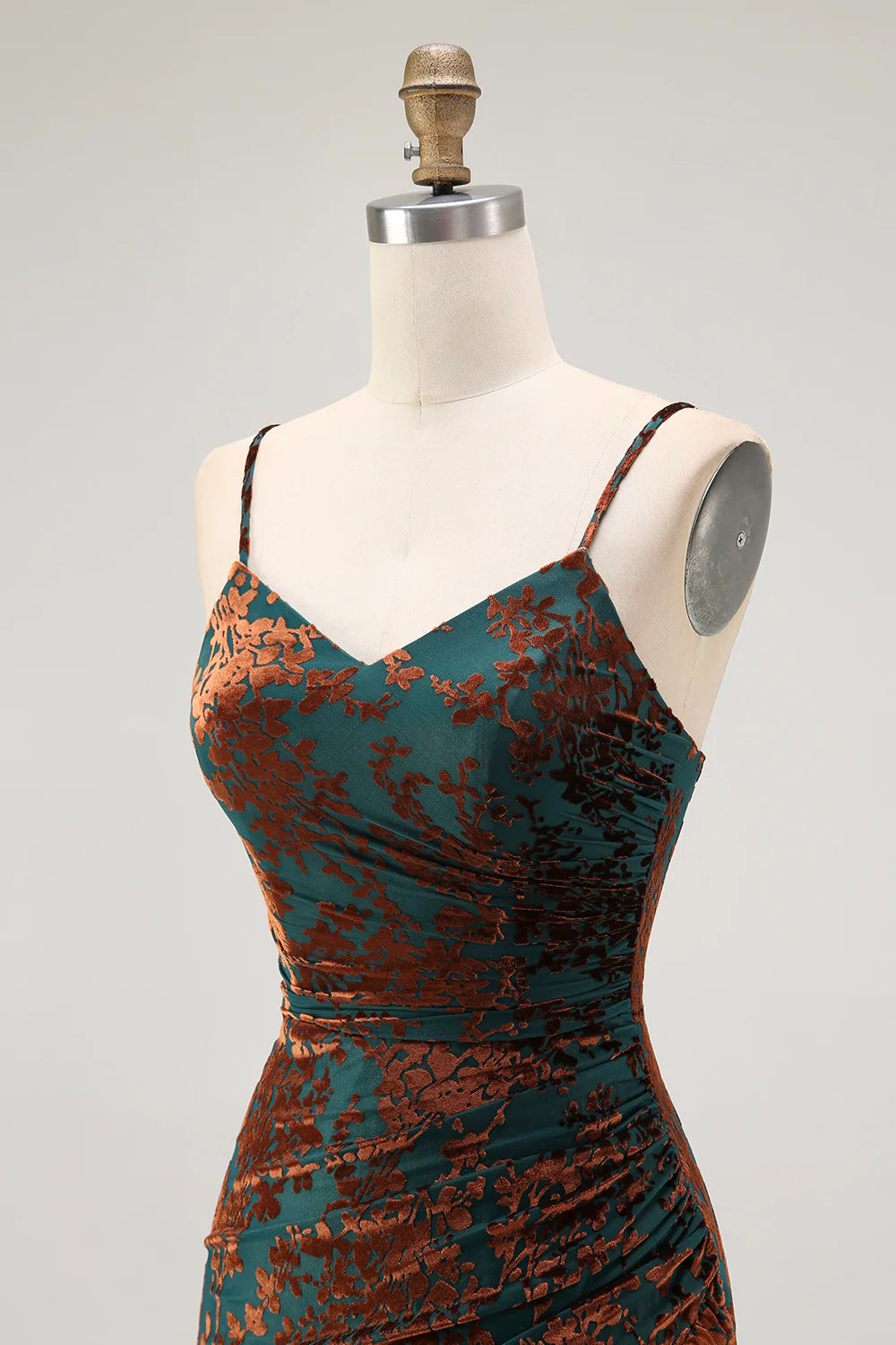 Dark Green Spaghetti Straps Sheath Velvet Burnout Maxi Dress with Slit