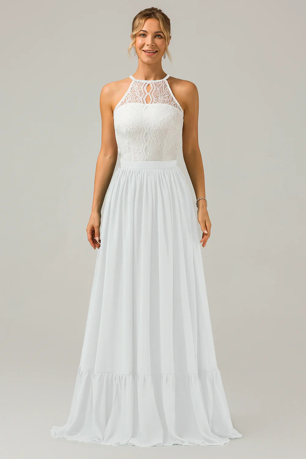 A Line Halter Pleated Keyhole Chiffon Bridesmaid Dress With Lace