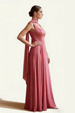 Desert Rose A Line Square Neck Satin Long Bridesmaid Dress with Streamer