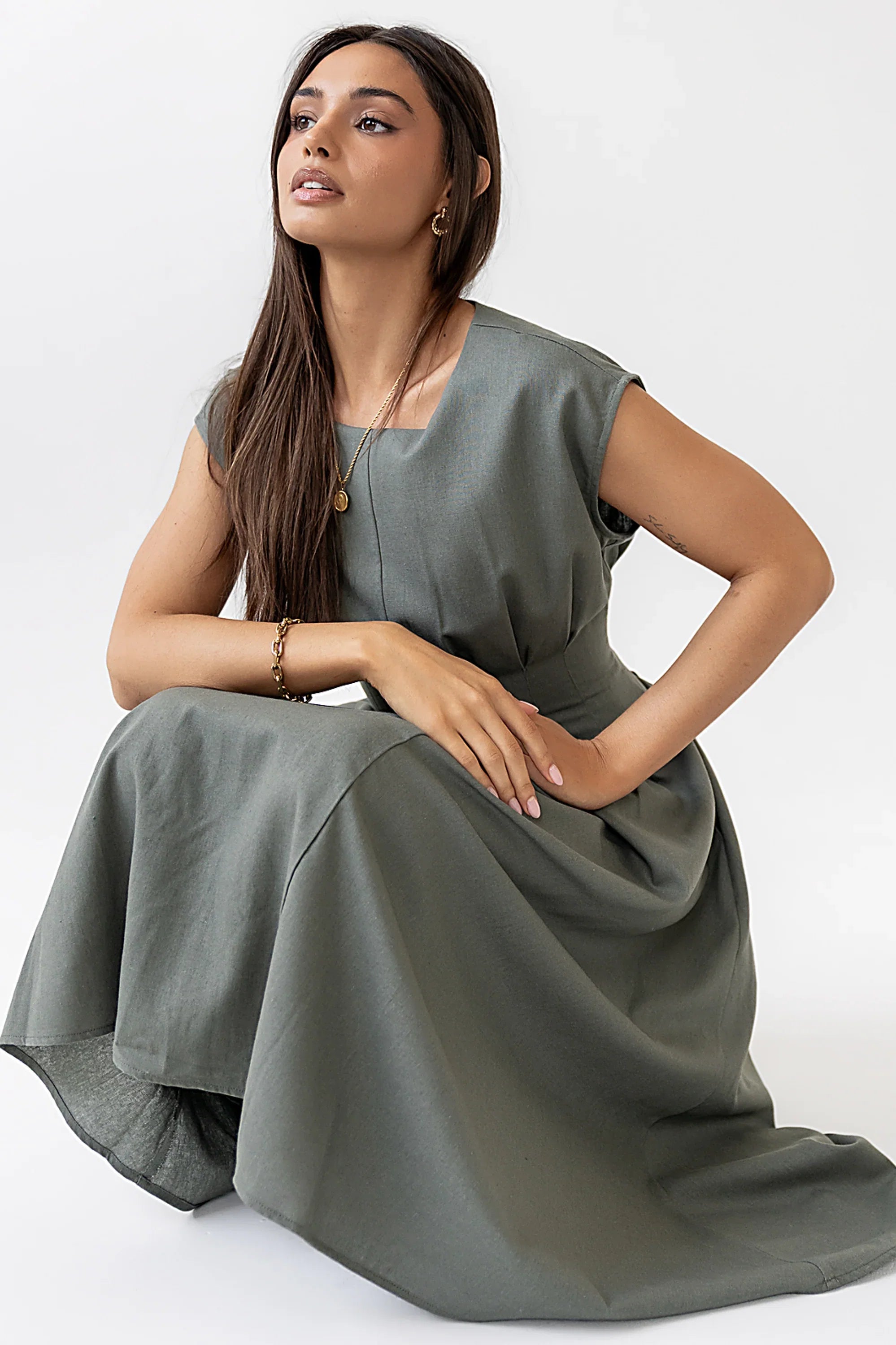 Matilda Pleated Maxi Dress in Olive