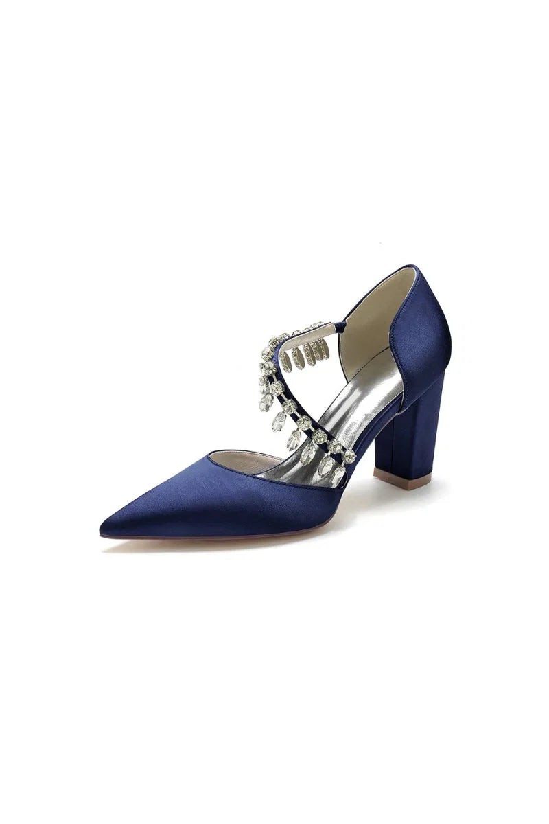 Pointed Toe Rhinestone Tassel Strappy Chunky Heels