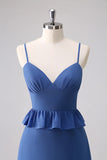 Dark Blue A Line Chiffon Tiered Long Bridesmaid Dress with Lace Up Back