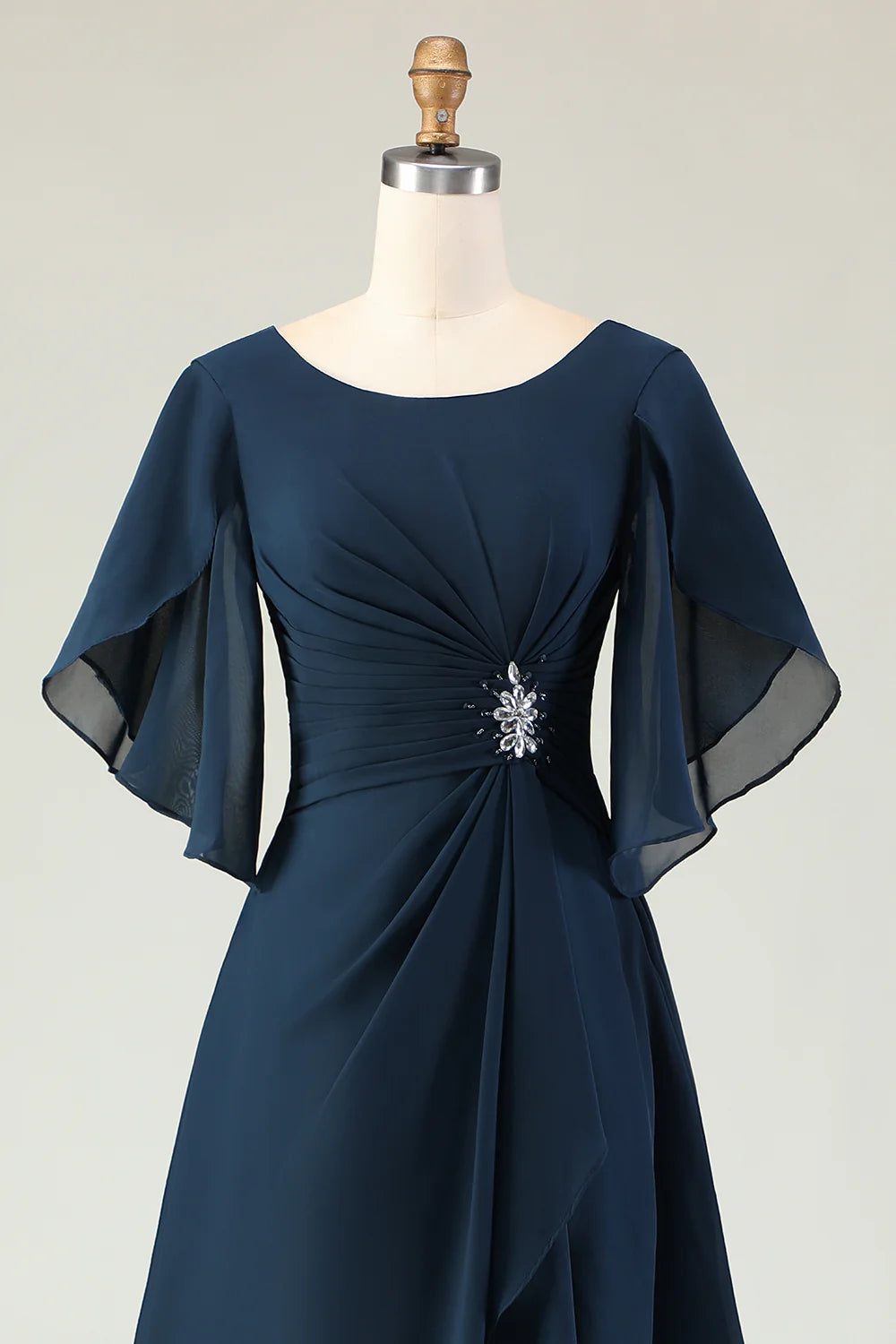 Navy A Line Ruched Chiffon Short Sleeves Chiffon Midi Dress with Rhinestones