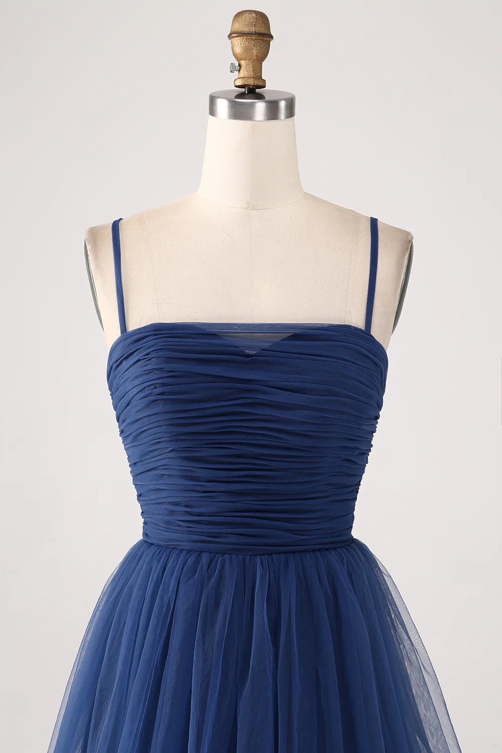 Navy A Line Spaghetti Straps Tulle Pleated Floor Length Bridesmaid Dress With Slit